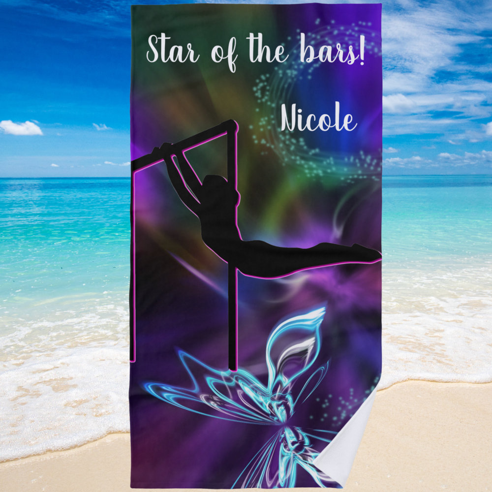 gymnastics butterfly star of the bars personalized beach towel r rvpqv 1000 - Gymnastics Gifts