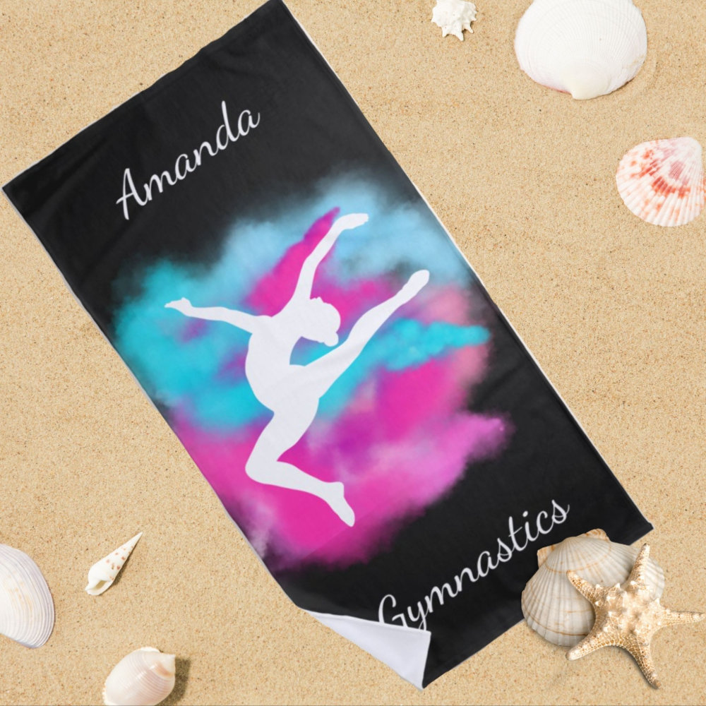 gymnastics leap pink blue color bomb with name beach towel r r232u 1000 - Gymnastics Gifts