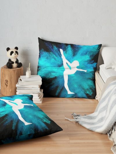 Gymnast Silhouette - Blue Explosion  (On Black) Throw Pillow Official Gymnastics Gifts Store Merch