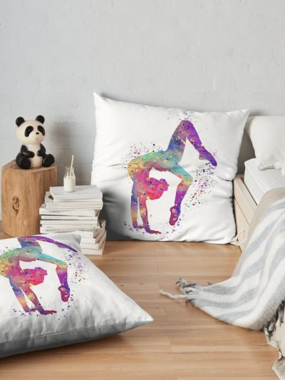 Gymnastics Girl Tumbling Colorful Watercolor Art Gift Throw Pillow Official Gymnastics Gifts Store Merch